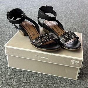 Tamaris‎ Sandals Shoes Womens Size 6.5 Black Leather Studded Ankle Strap Comfort